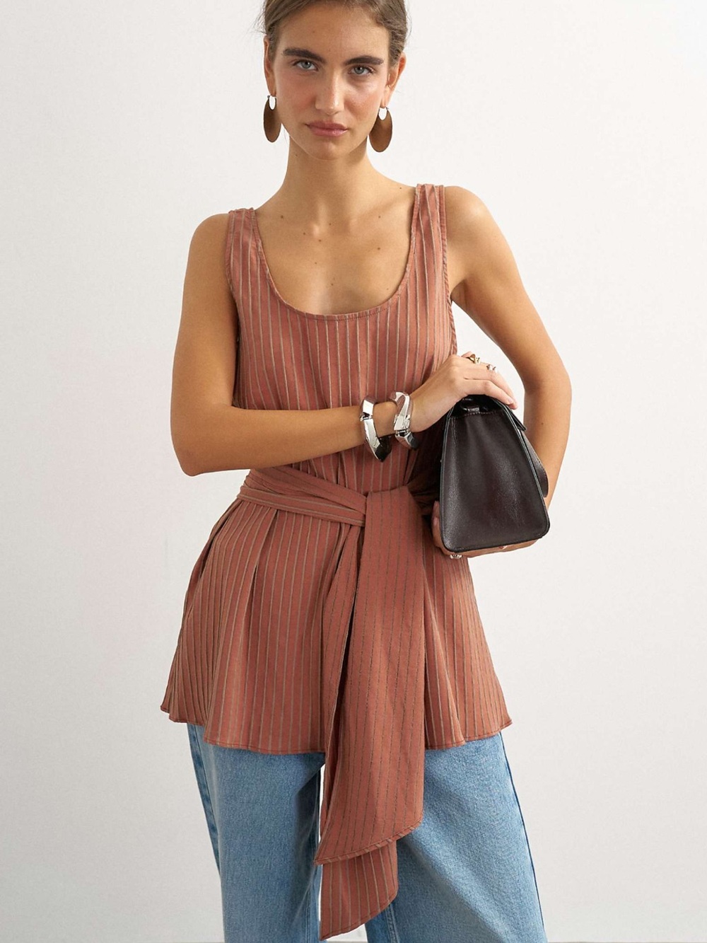 Topshop Rust Striped Sleeveless Tie-Waist Scoop Cami Top